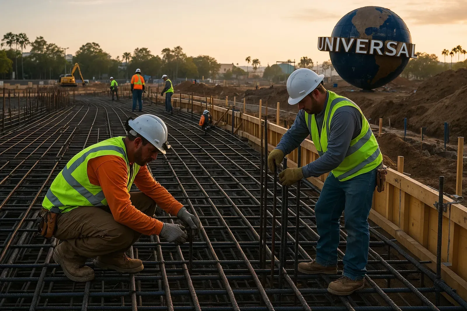 Universal Studios fan favorite roller coaster construction workers installing rebar and concrete forms