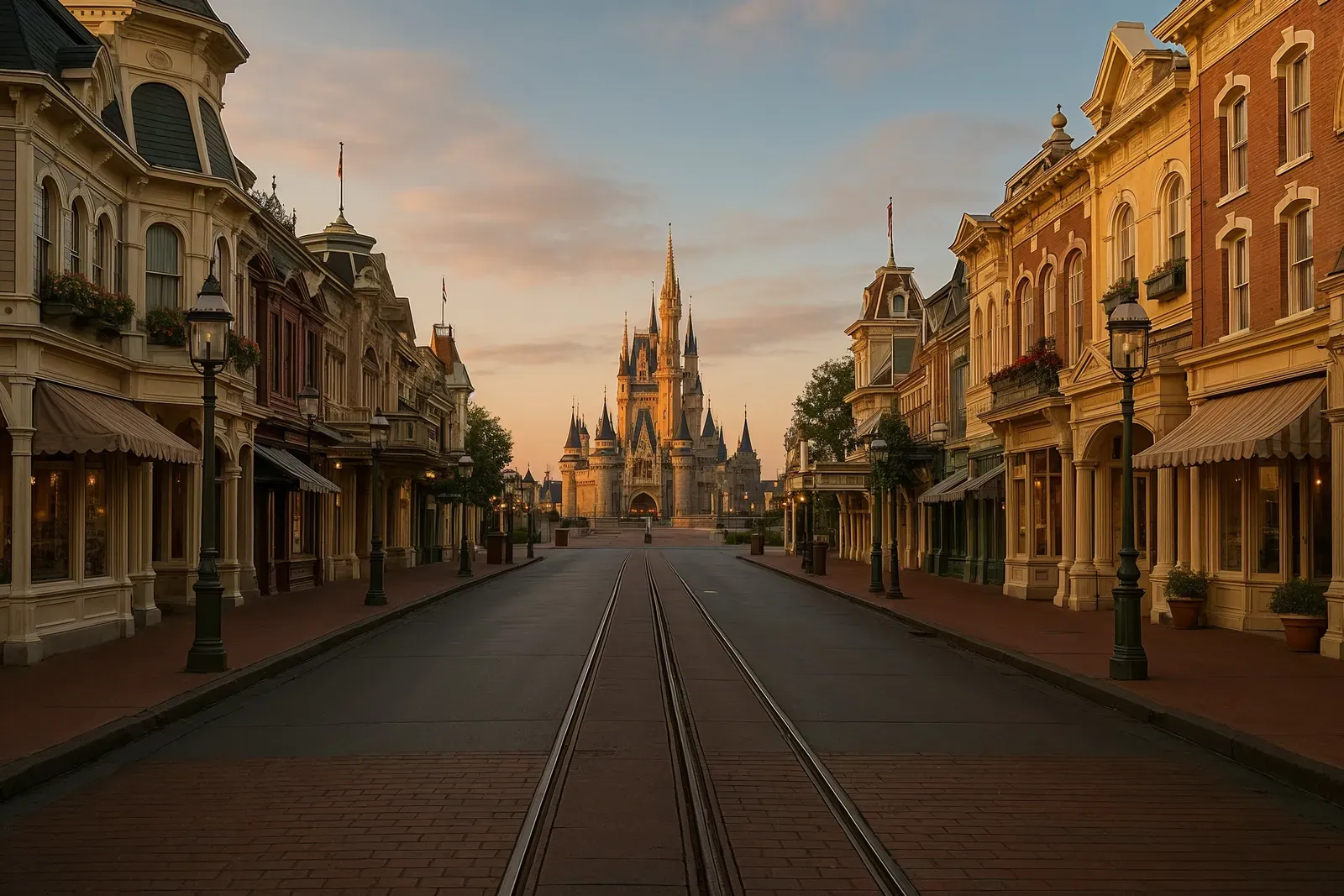 Empty Main Street U.S.A. at sunrise with cast members preparing, Magic Kingdom fun facts about opening hours.