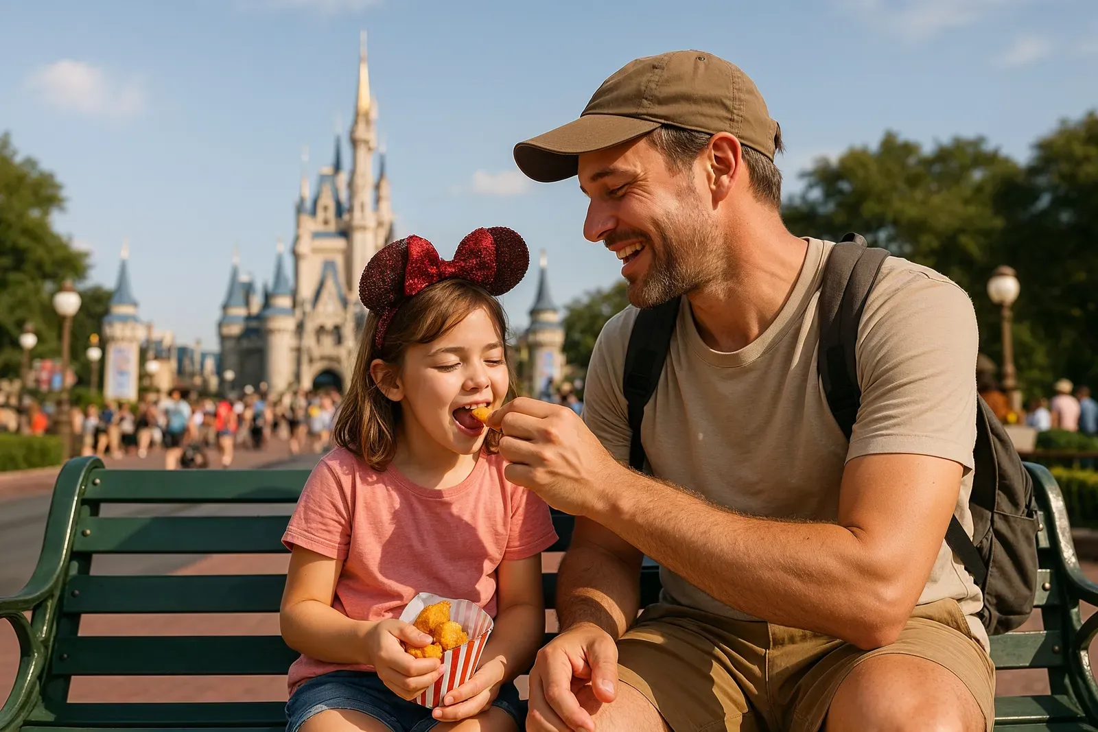 Solo parent and child sharing a snack on a bench near Cinderella Castle, capturing a heartfelt moment during their Disney World visit