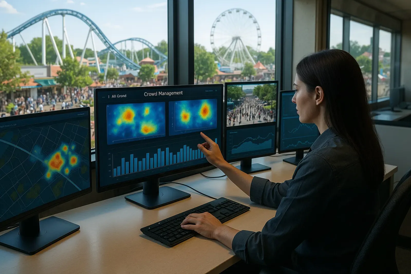 predictions for theme park trends: smart park control room with AI crowd management