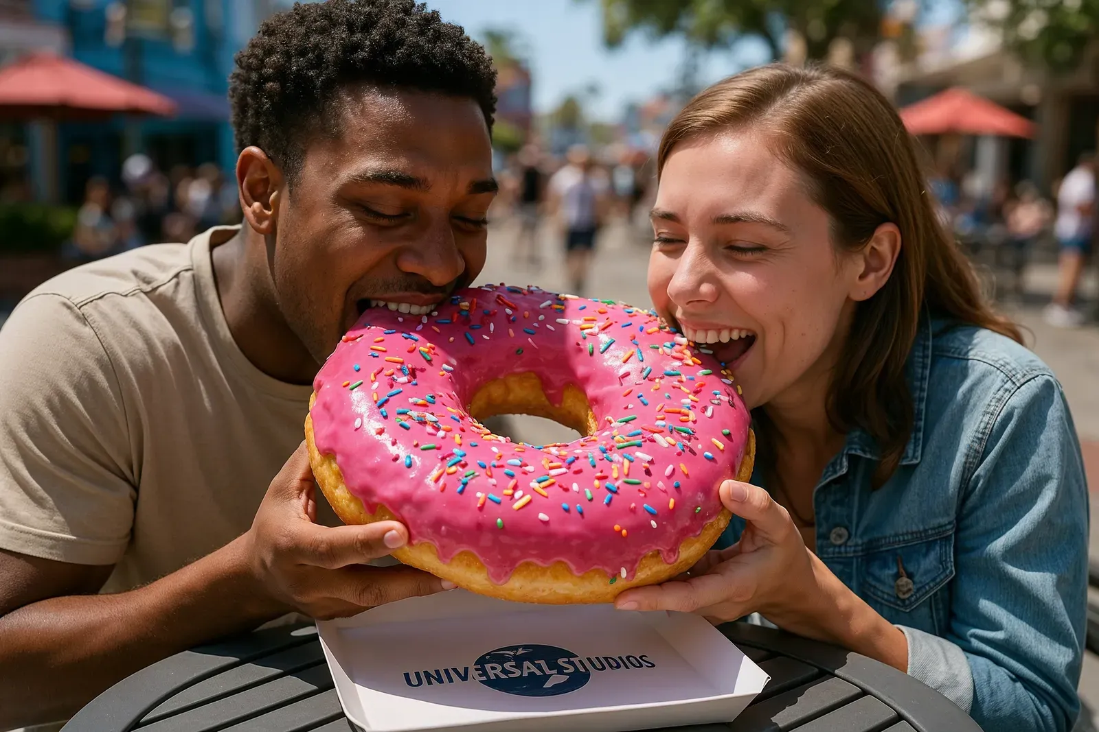 Two people enjoying Universal Studios best snacks for under 10 dollars, sharing a Big Pink donut