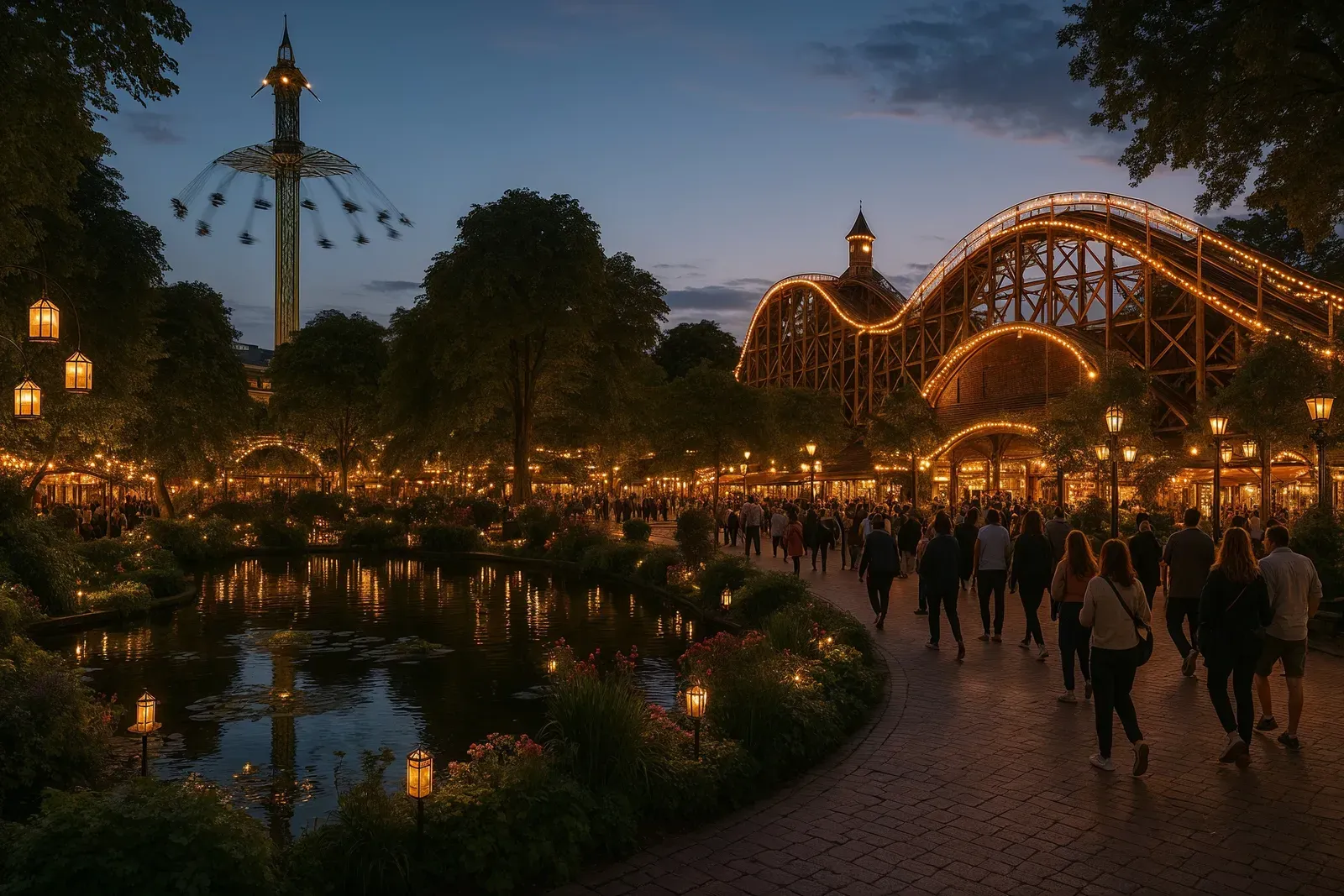 A magical evening at Tivoli Gardens showcasing historic rides and illuminated gardens, representing best theme parks besides Disney.