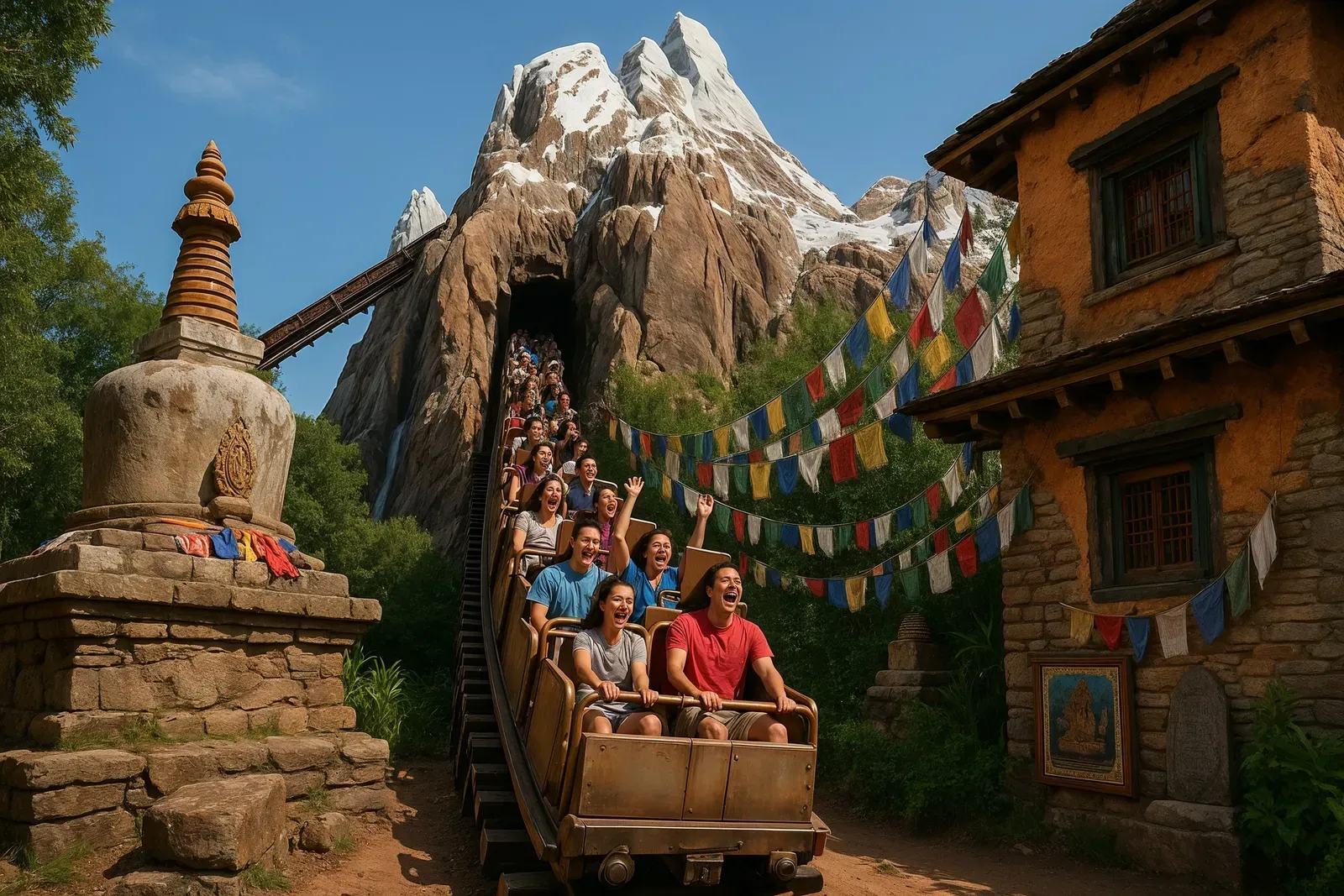 Expedition Everest roller coaster train climbing mountain with Himalayan village theming at Animal Kingdom
