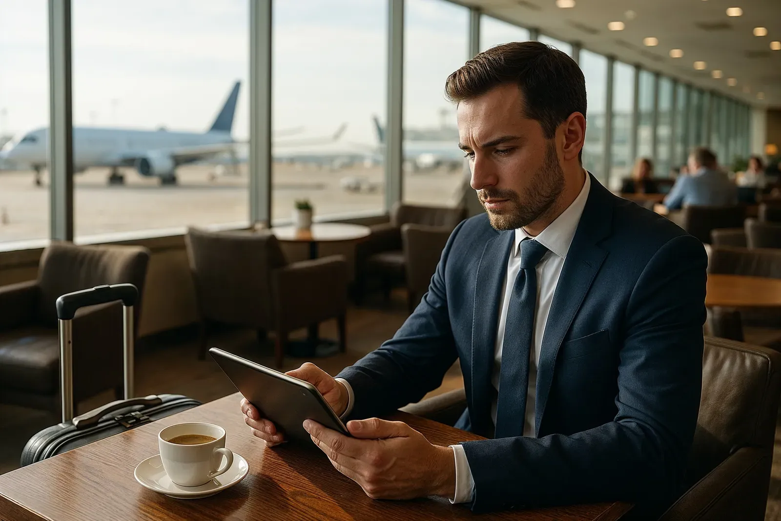 redeeming american airlines miles for flights - airport lounge traveler reviewing flight options