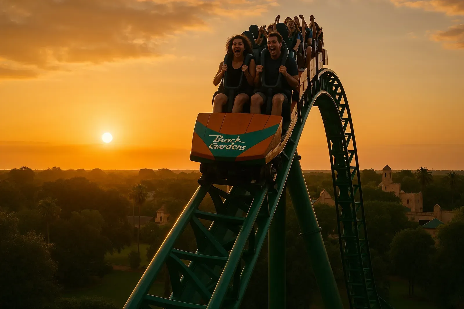 best thrill rides at busch gardens roller coaster cresting hill at sunset