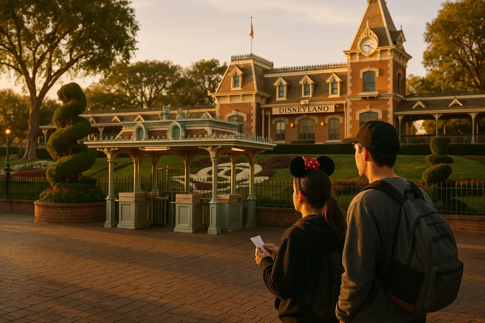 Early morning visitors at Disneyland entrance during peak season, part of a guide to visiting Disneyland during peak season