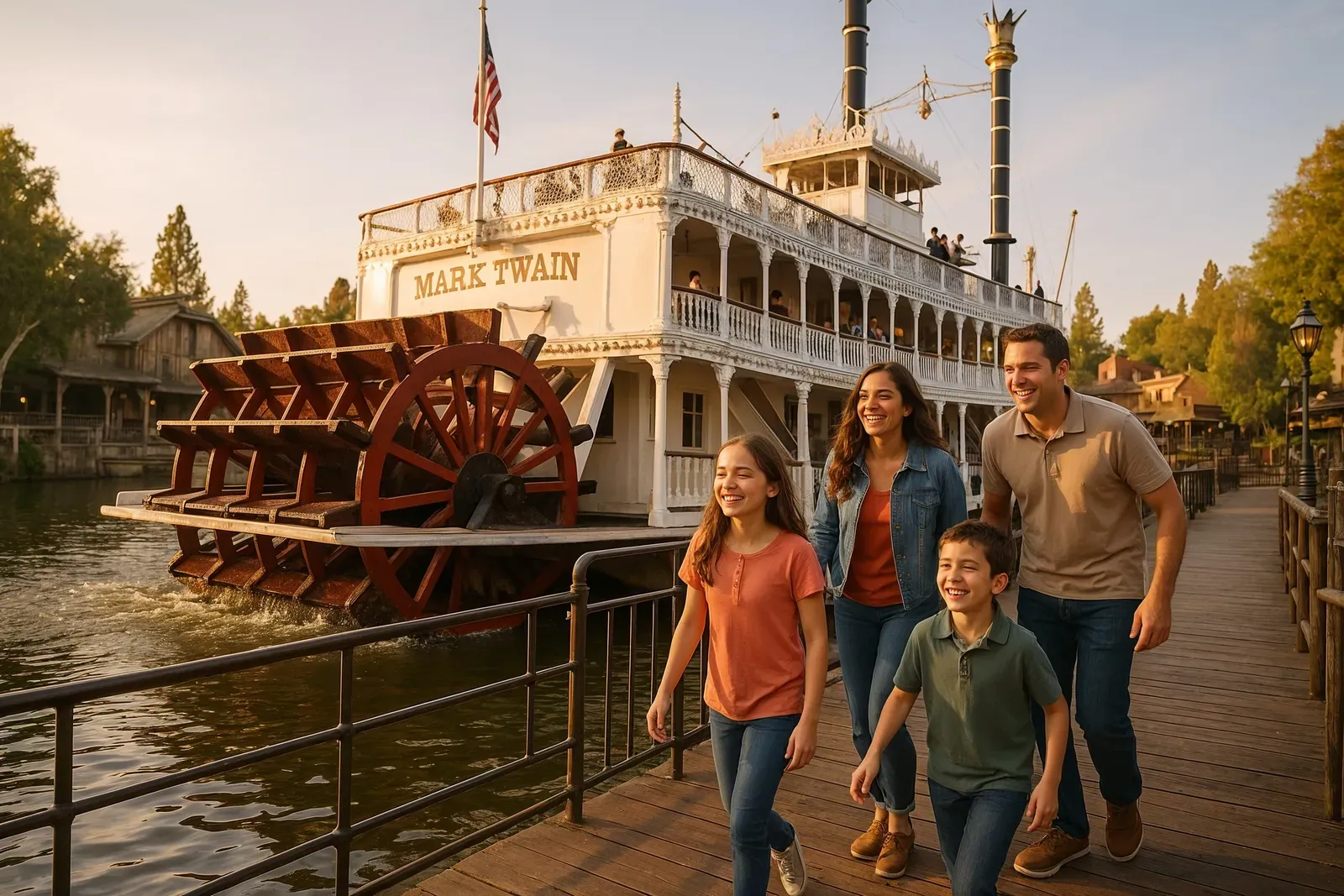 Family boarding Mark Twain Riverboat at disneyland original rides still open today