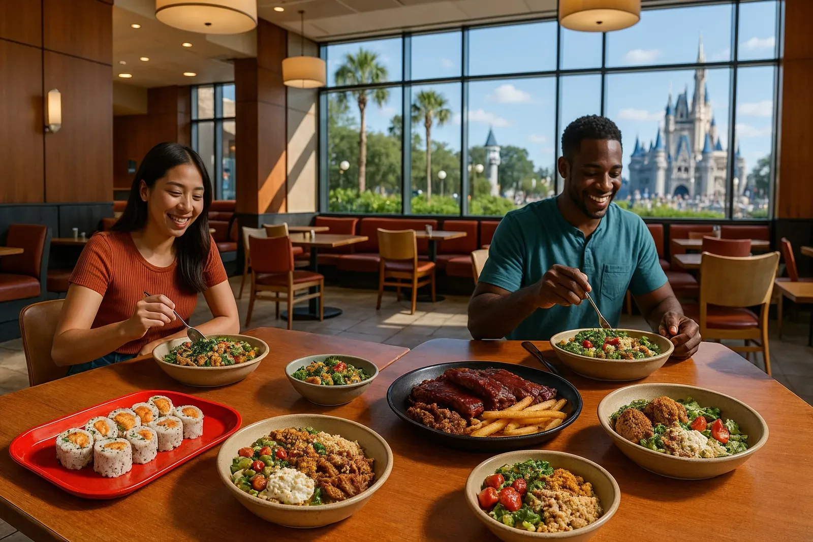 best disney world quick service restaurants interior with diverse cuisines and guests