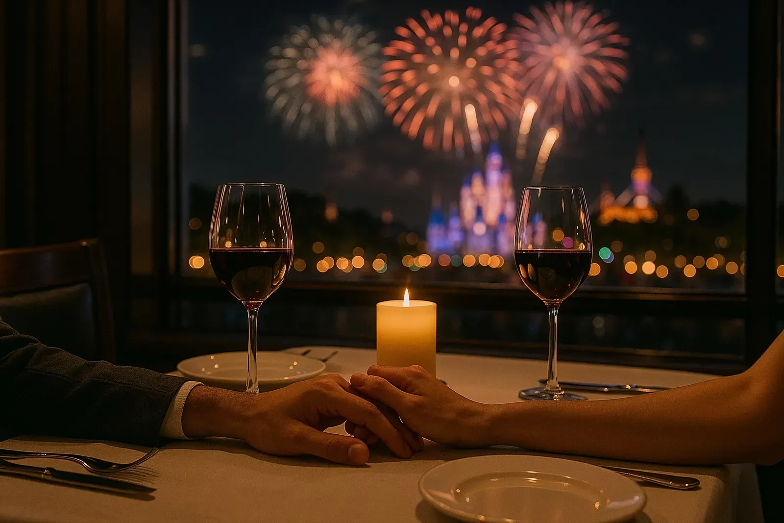 romantic dinner with fireworks during disney honeymoon travel story