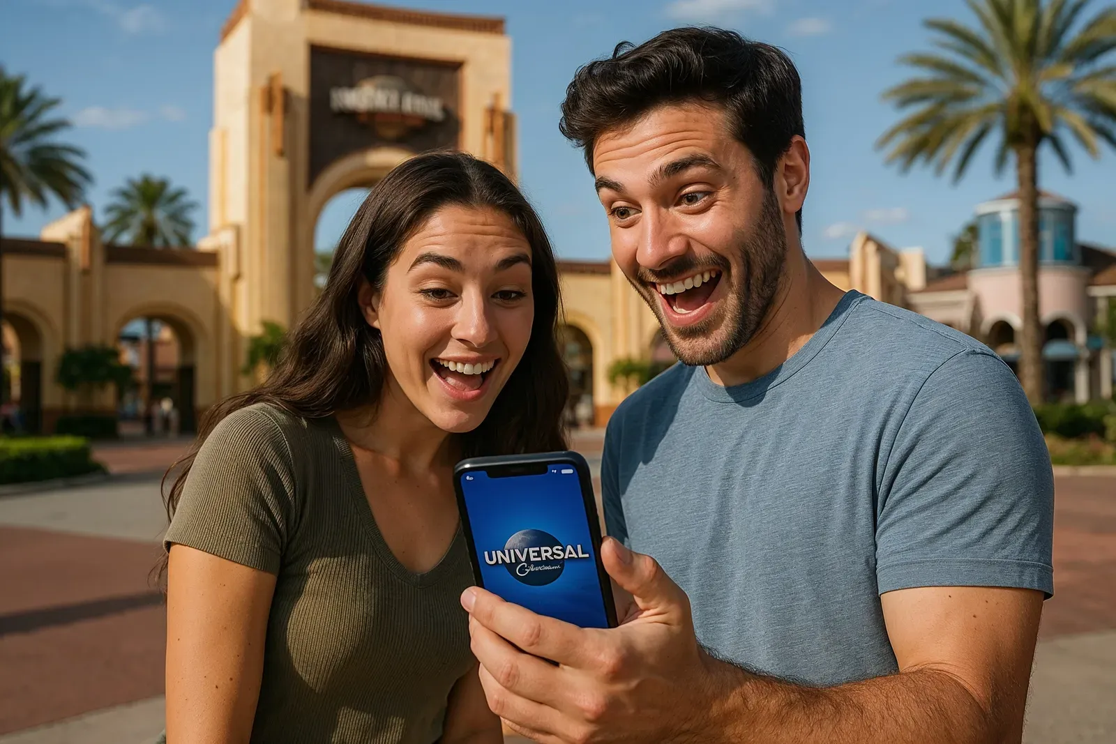 couple planning universal 3-day itinerary at park entrance using app