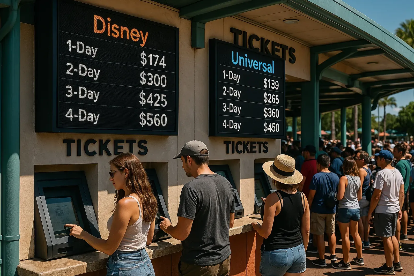 digital ticket boards at orlando theme parks showing disney vs universal ticket pricing trends