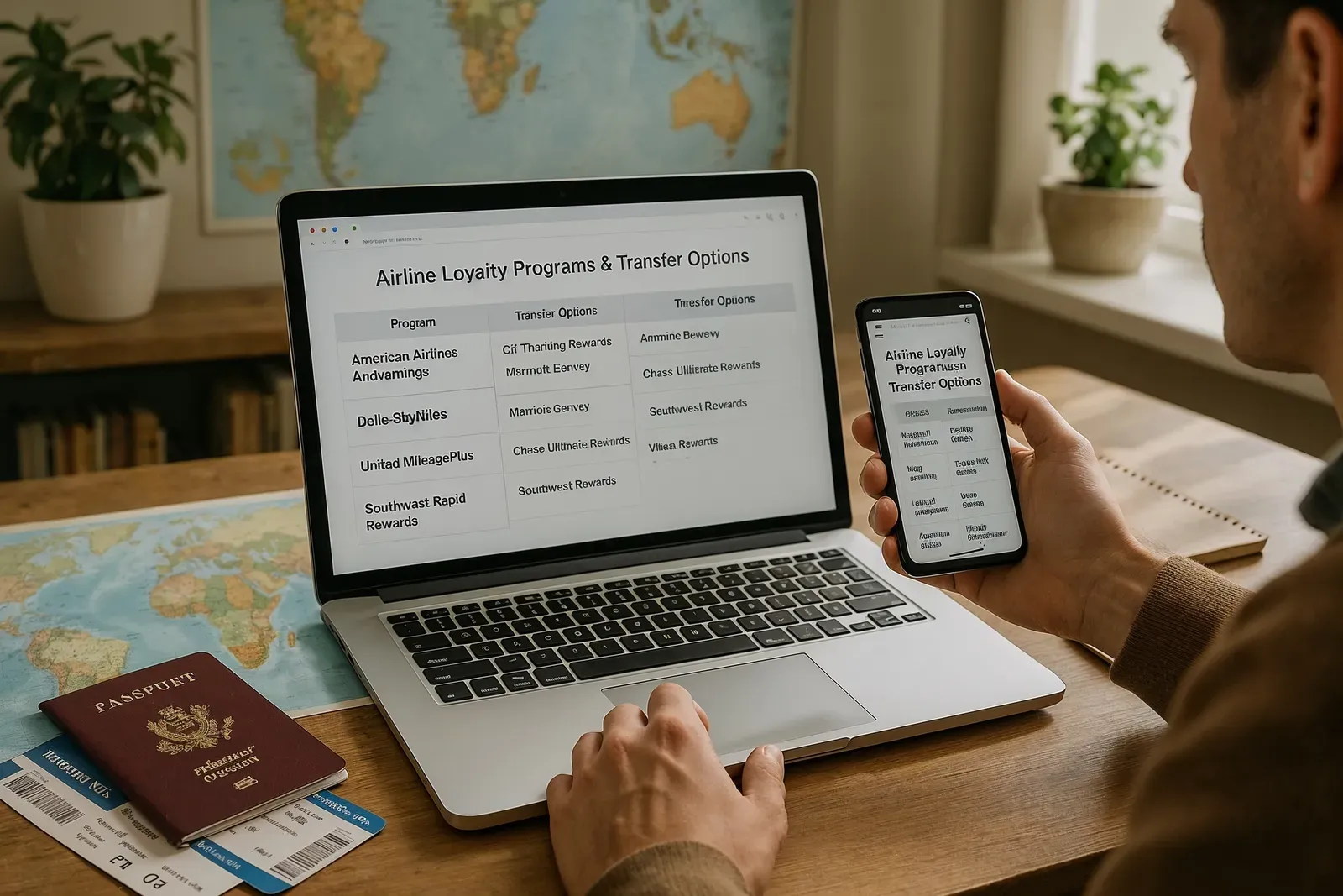 Person researching best way to redeem miles for flights at home with laptop and travel materials