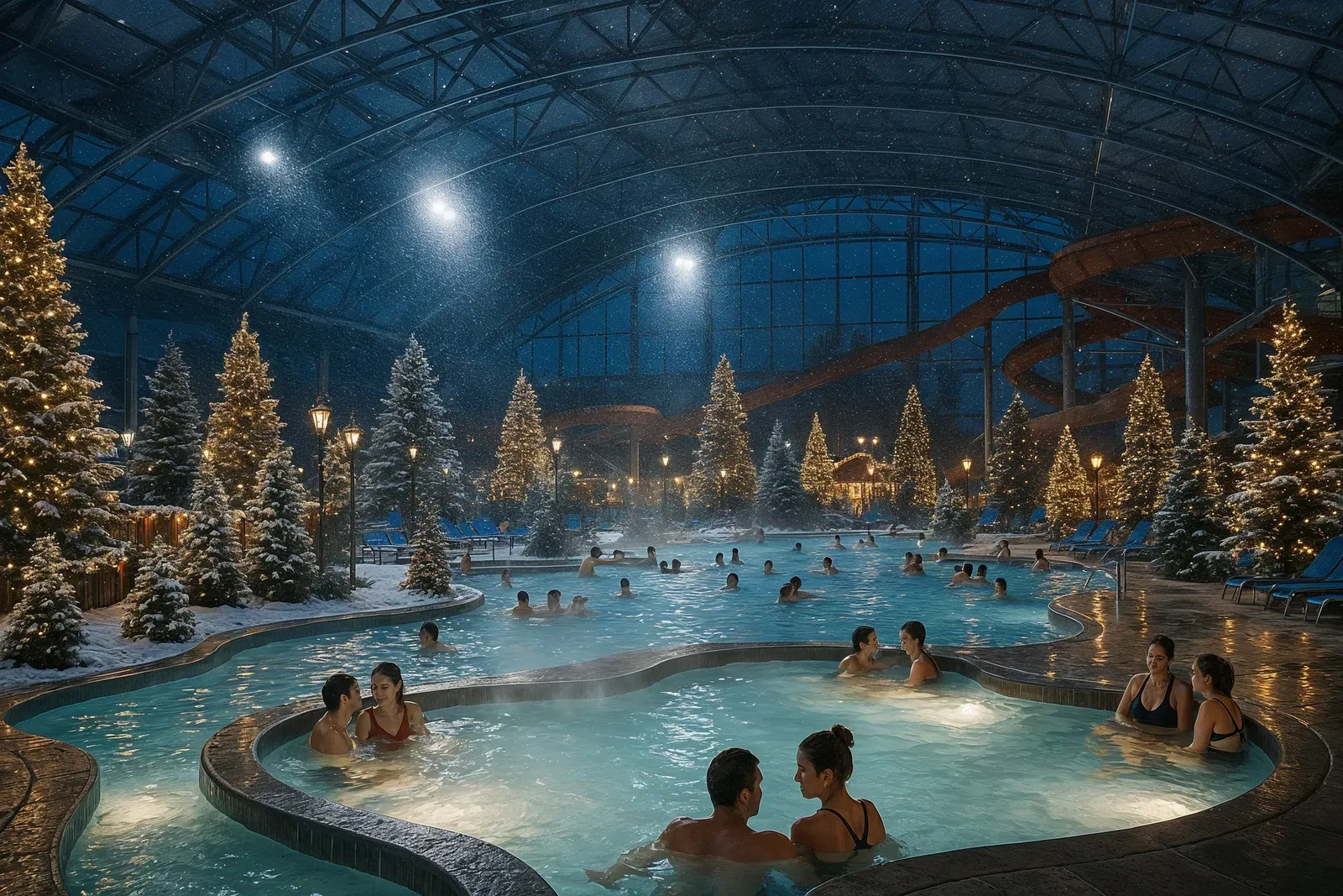 rise of seasonal events in theme parks, winter-themed water park with retractable roof and festive decorations