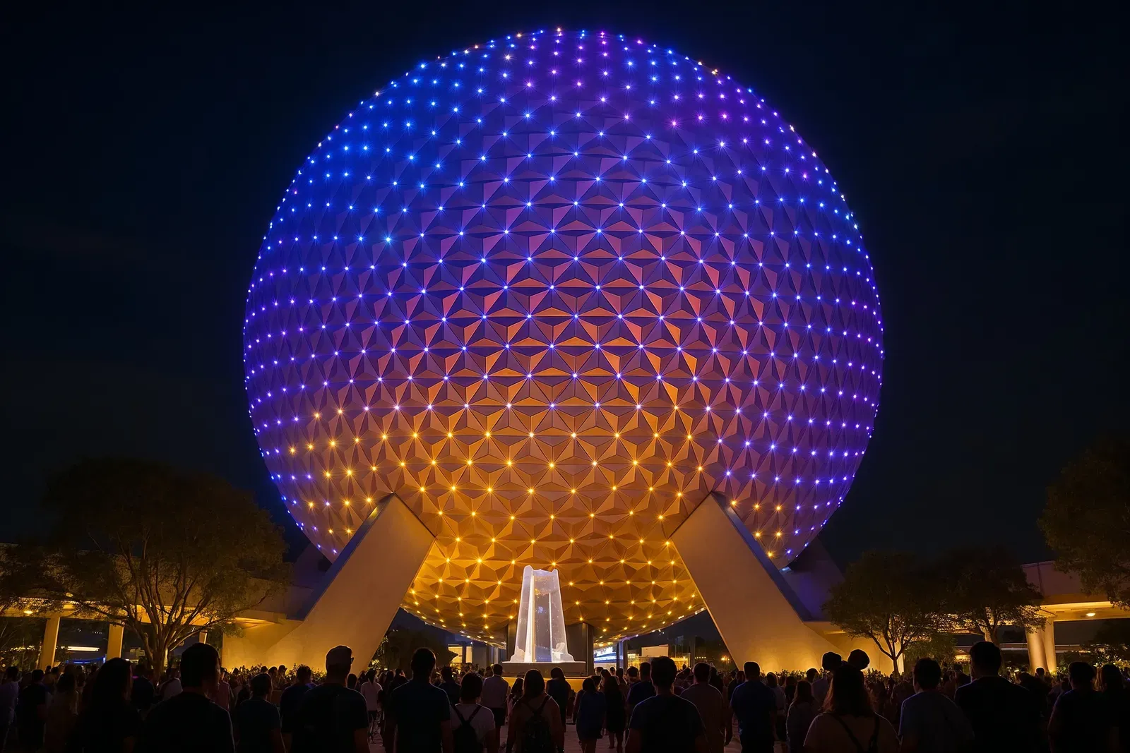 Spaceship Earth glowing during Disney World 50th anniversary history facts celebration