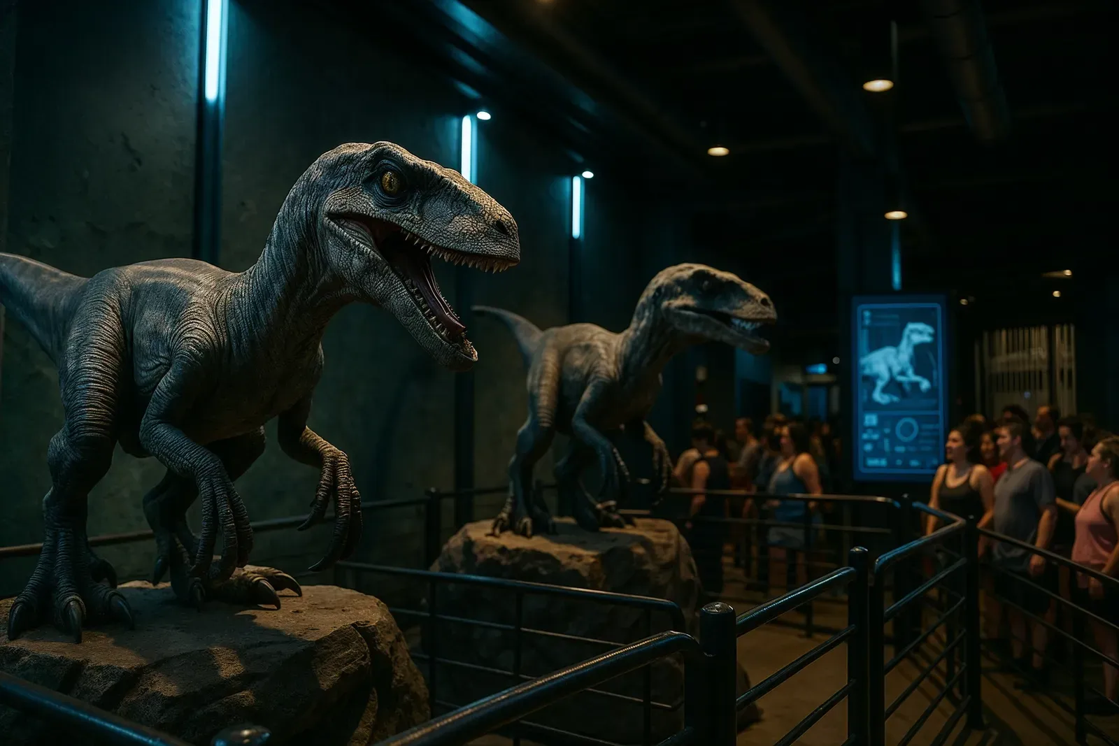 Lifelike velociraptor animatronics in VelociCoaster queue universal islands of adventure