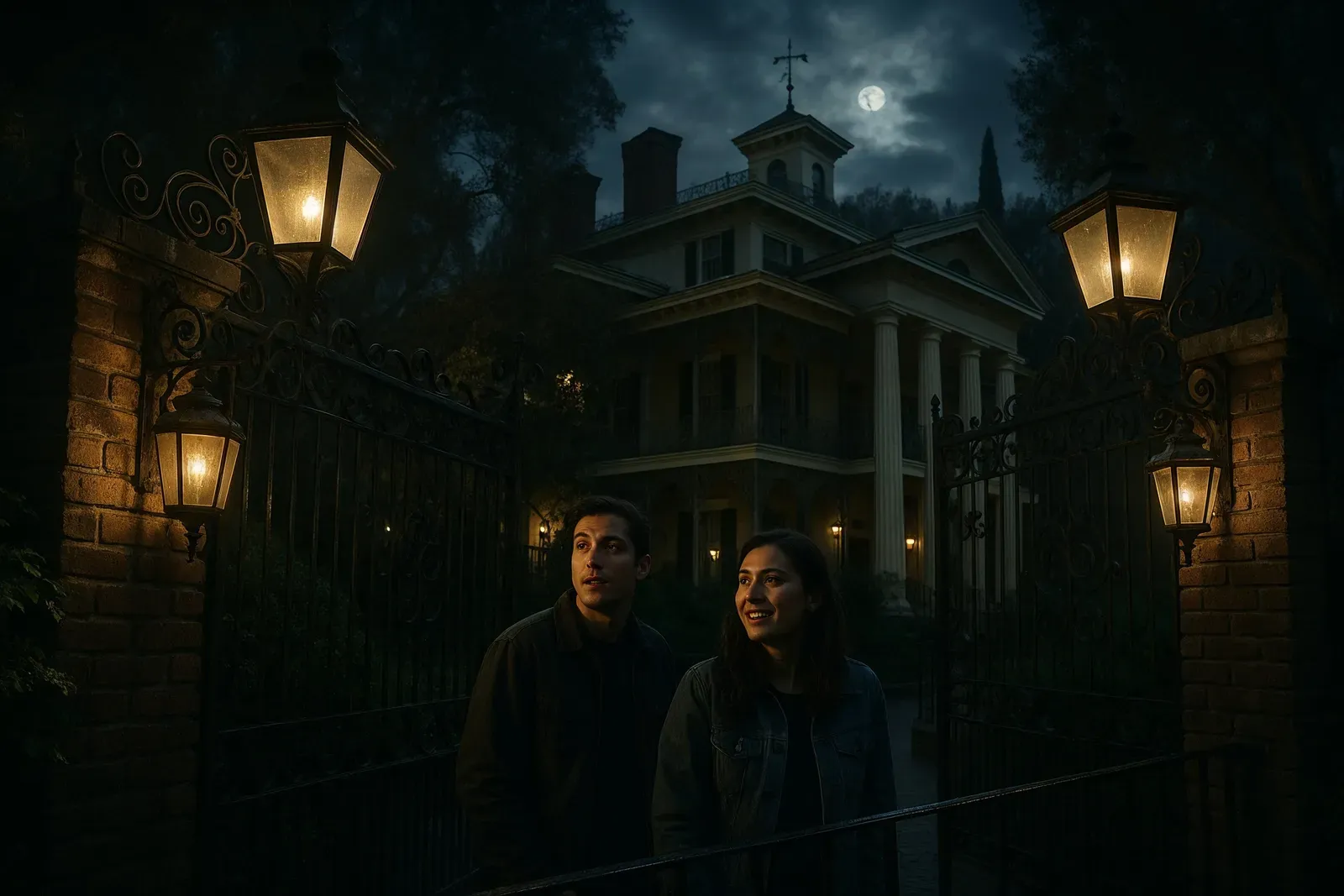 haunted mansion ride review disneyland entrance at night with guests in queue