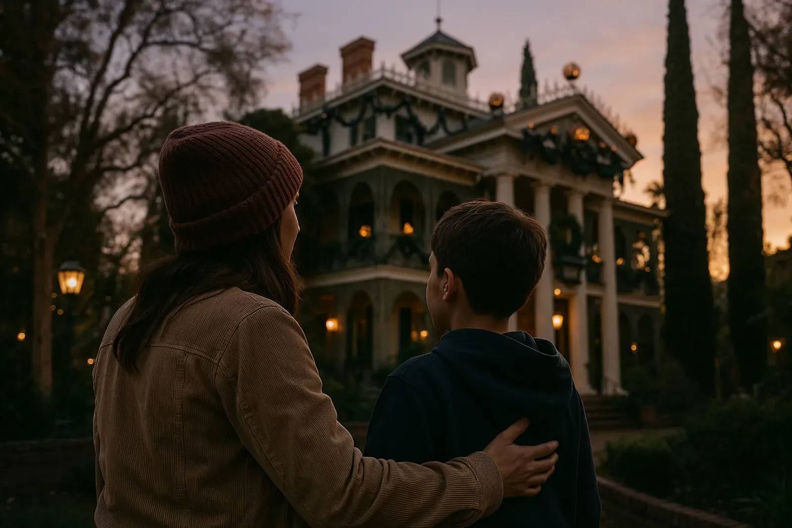 history of haunted mansion ride disneyland family admiring decorated mansion