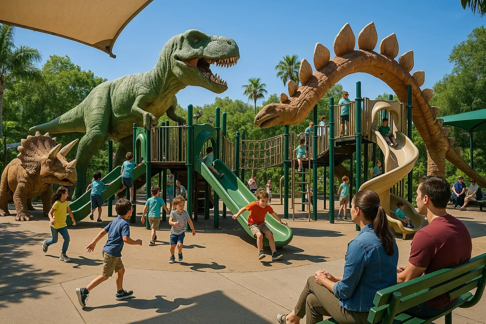 family guide to disney world animal kingdom - kids playing at dinosaur themed playground