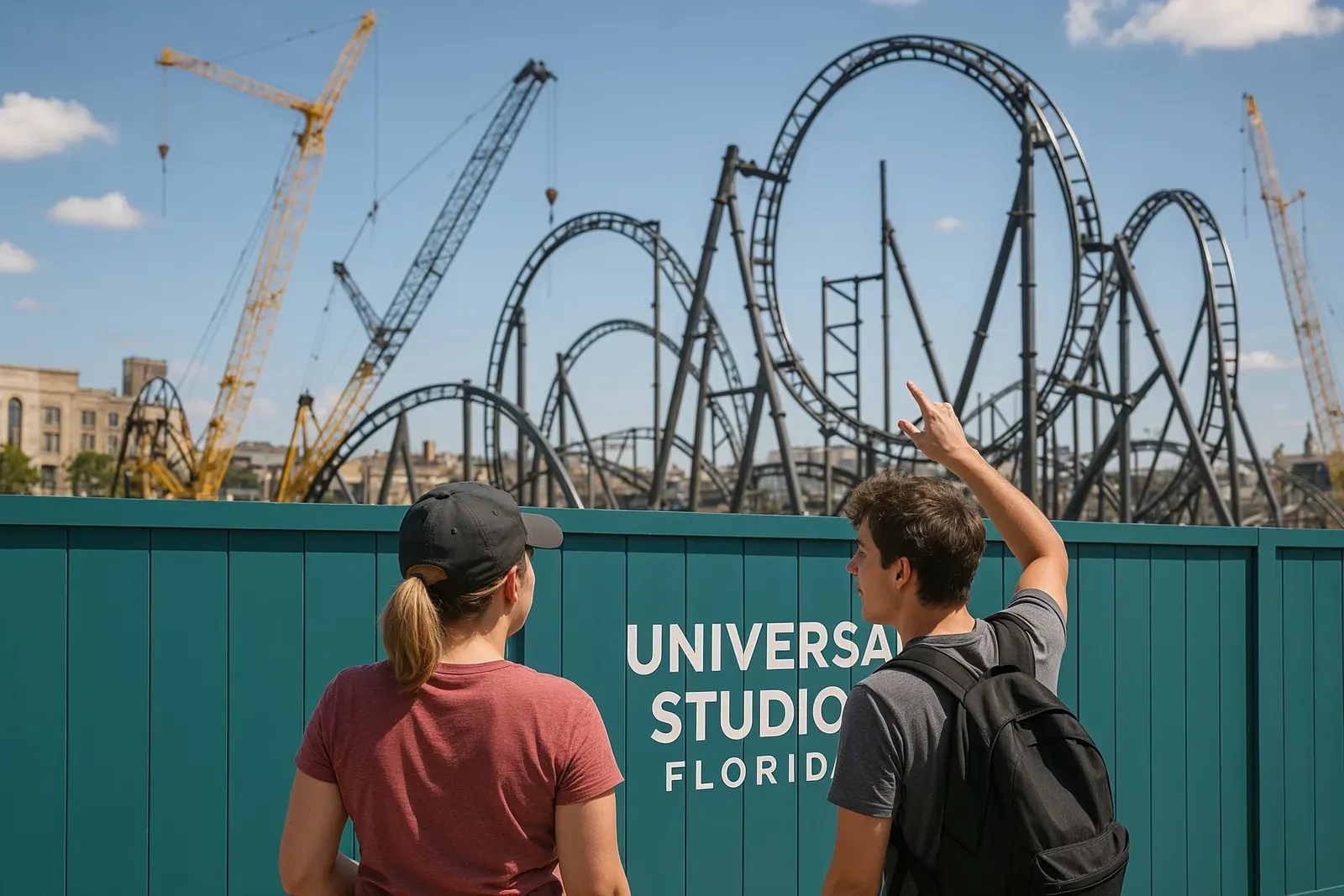 Universal Studios fan favorite roller coaster guests observing new attraction construction behind barriers