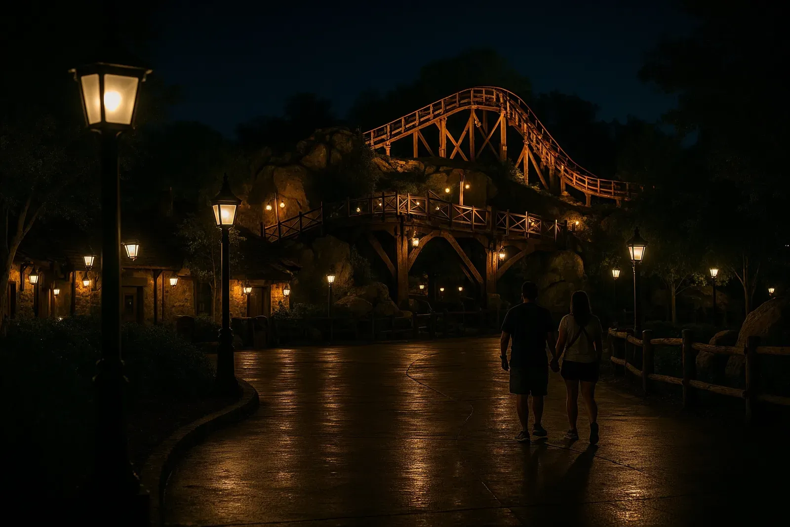 Seven Dwarfs Mine Train lit up at night with guests walking, highlighting Magic Kingdom's special nighttime events and fun facts.