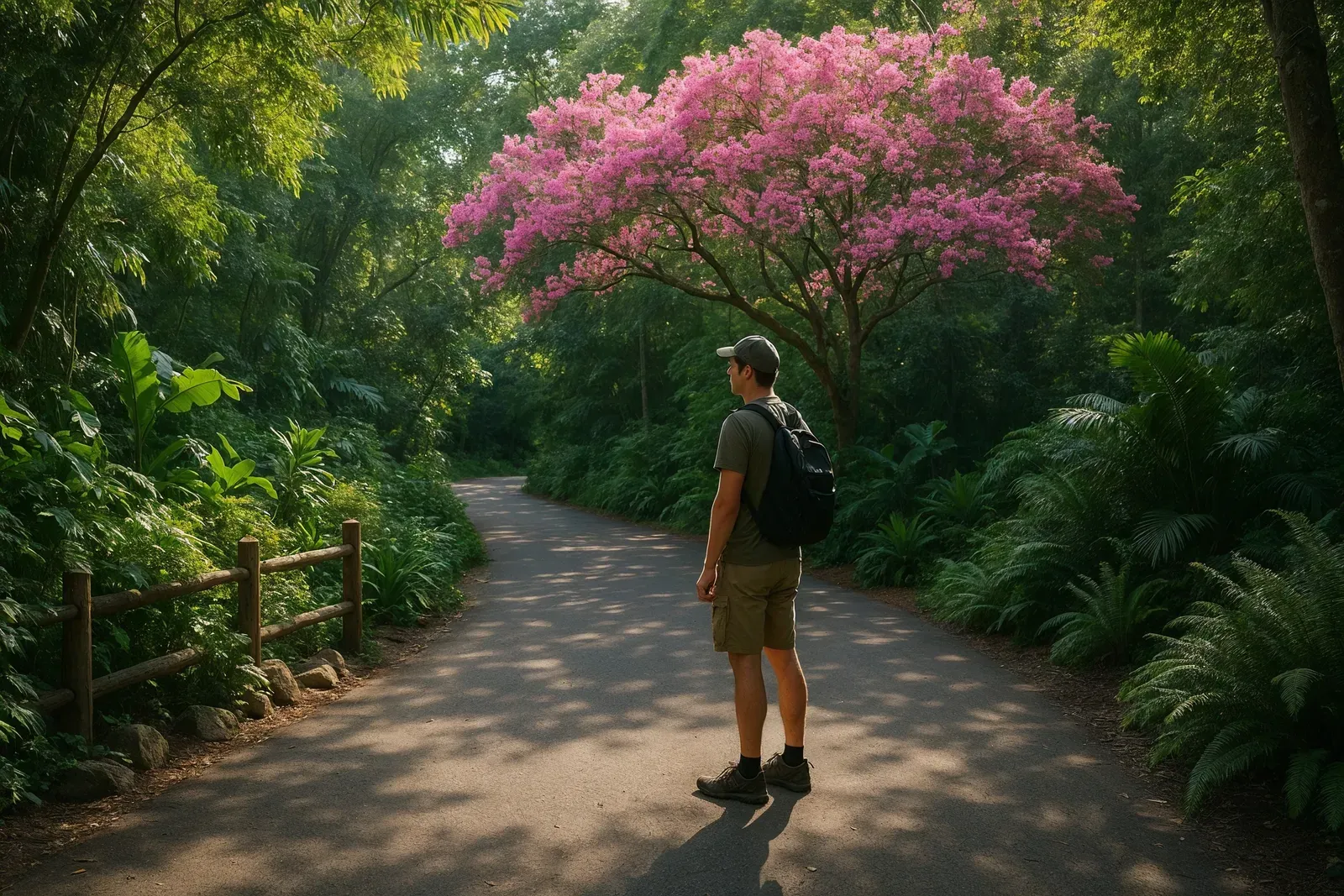 An adult traveler on a solo trip to Disney World, enjoying a quiet moment in Animal Kingdom