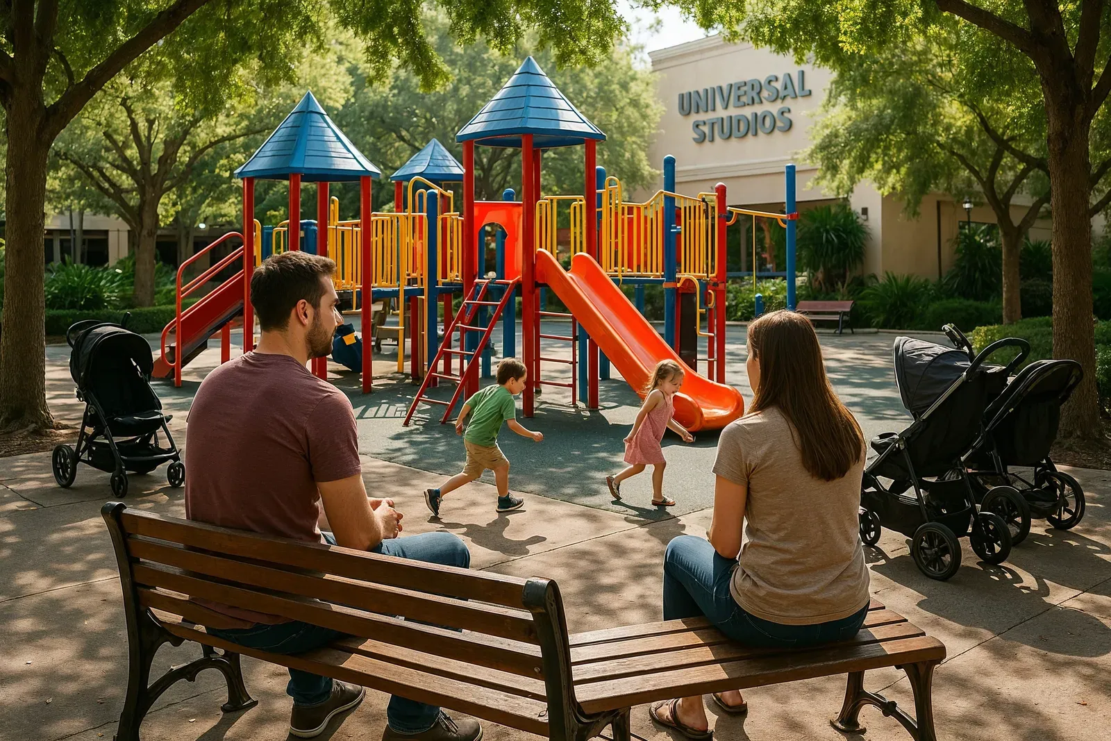 universal studios family travel tips - parents relaxing in shaded family rest area while children play