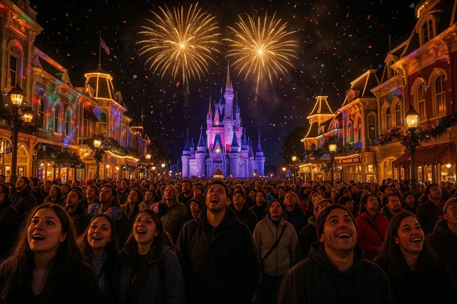 Crowd on Main Street U.S.A. enjoying disney world new years eve fireworks best spots with castle and fireworks in background