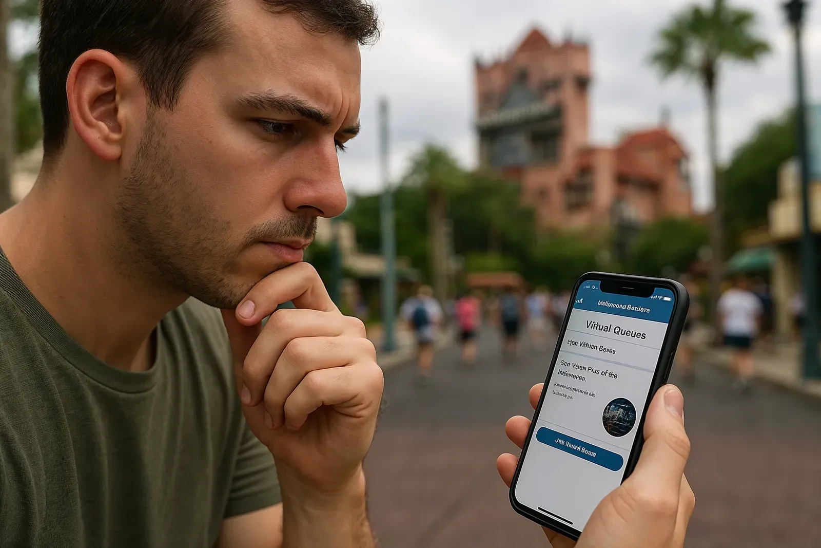 Guest using My Disney Experience app for Rise of the Resistance virtual queue at Hollywood Studios