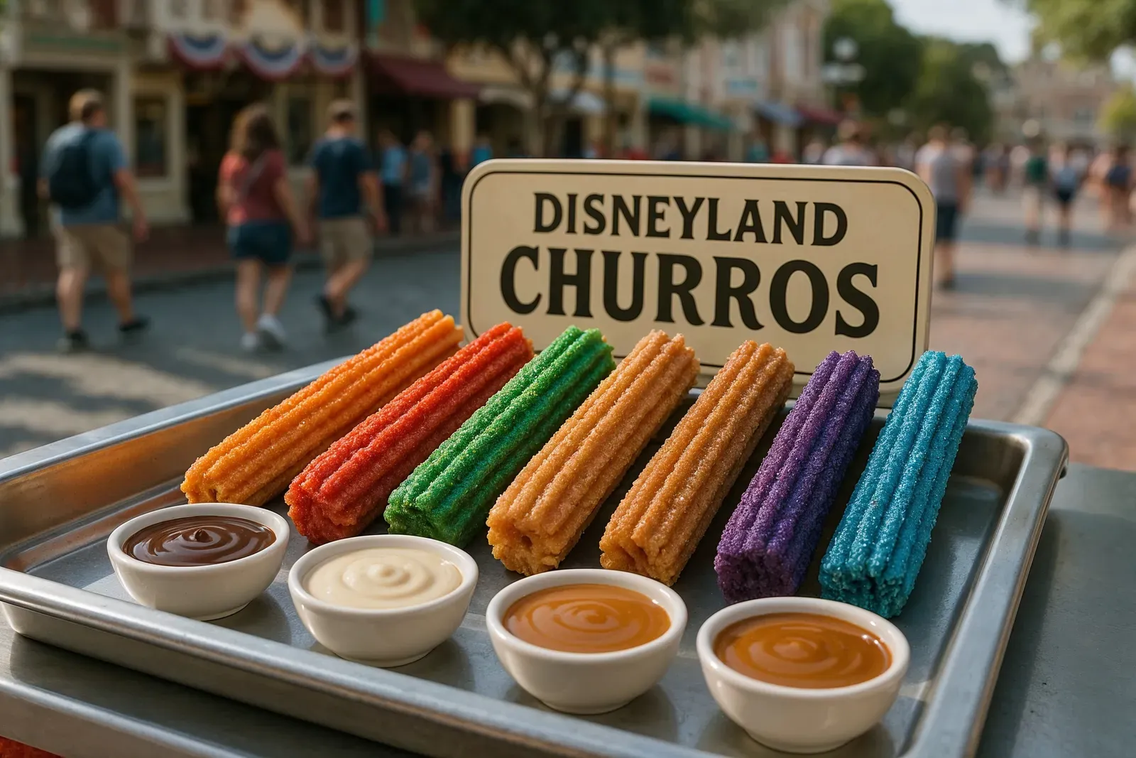 A selection of Disneyland churro flavors ranked on a park food cart with sauces