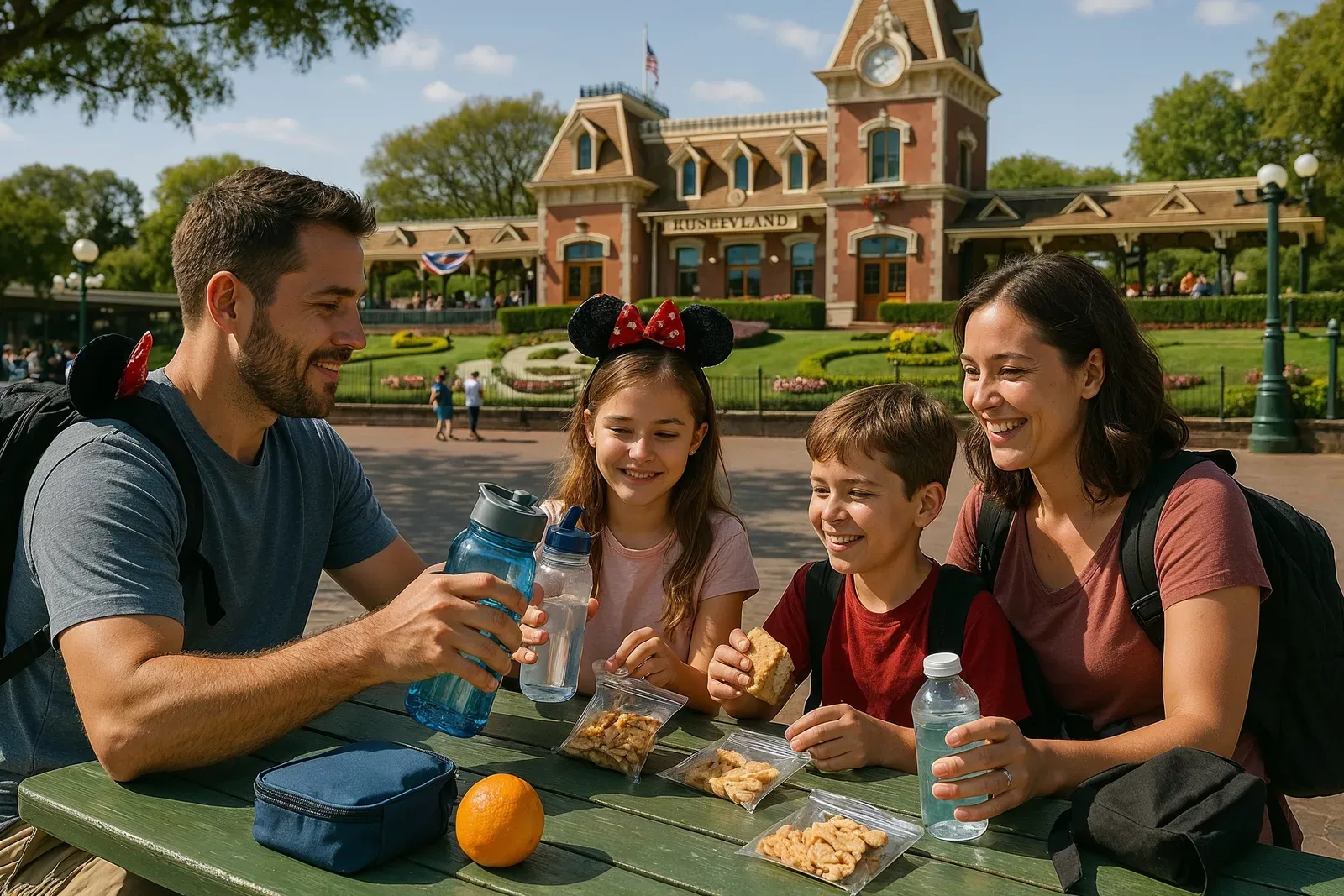 Family enjoying homemade snacks outside Disneyland to save on food costs for a budget trip