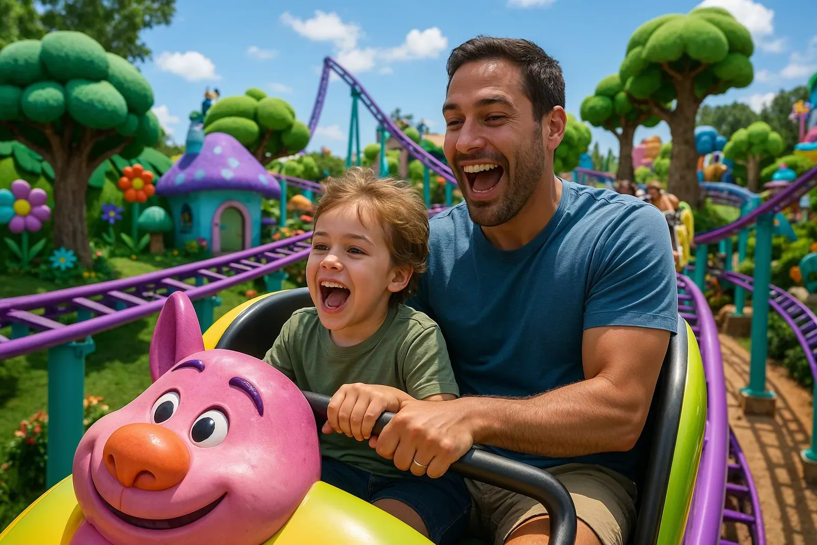 parent and young child riding Trollercoaster in DreamWorks Land, top kid friendly rides at universal studios