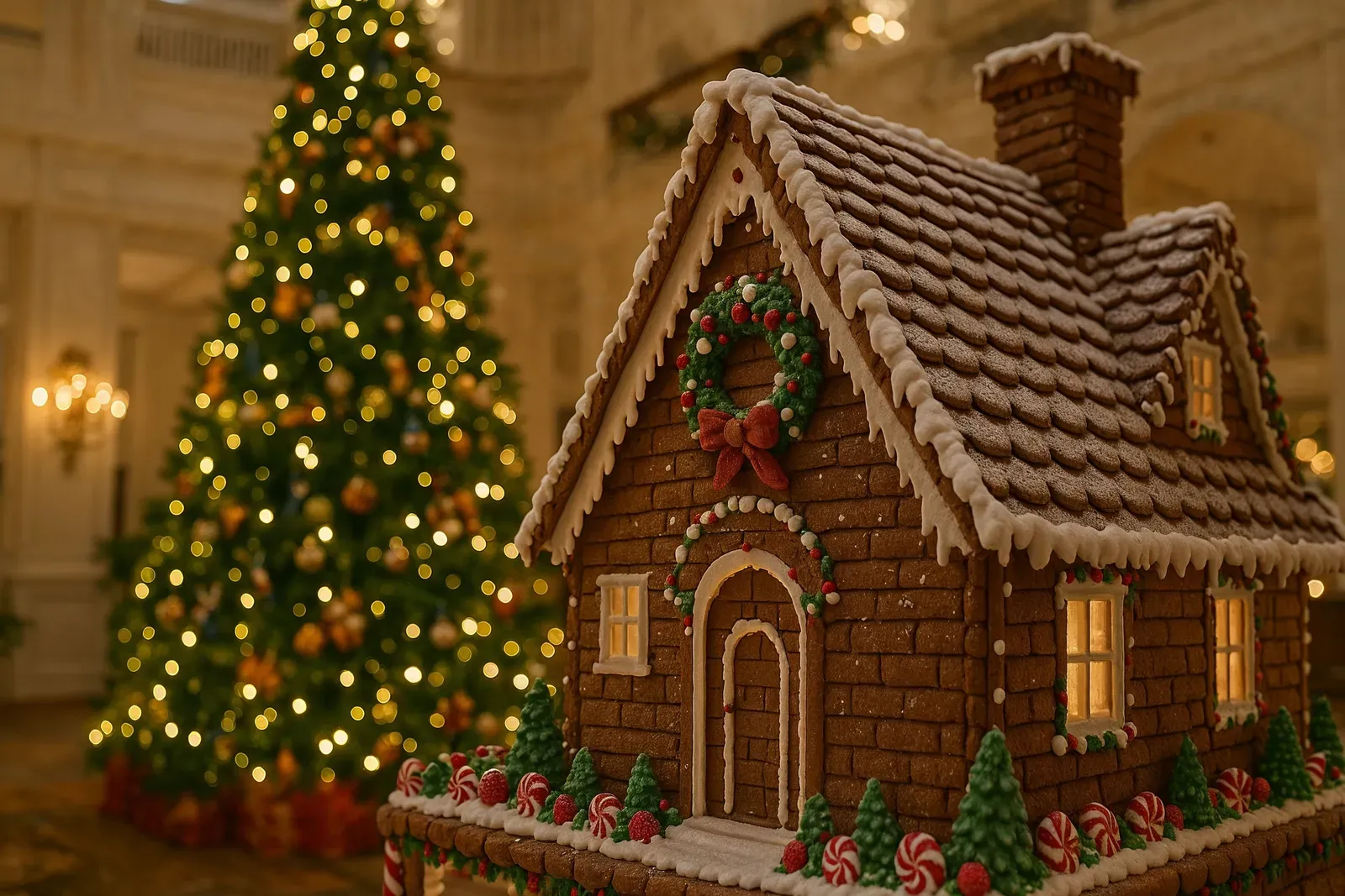 Giant gingerbread house and Christmas tree display at a Disney World resort hotel, showcasing disney world holiday events for families.