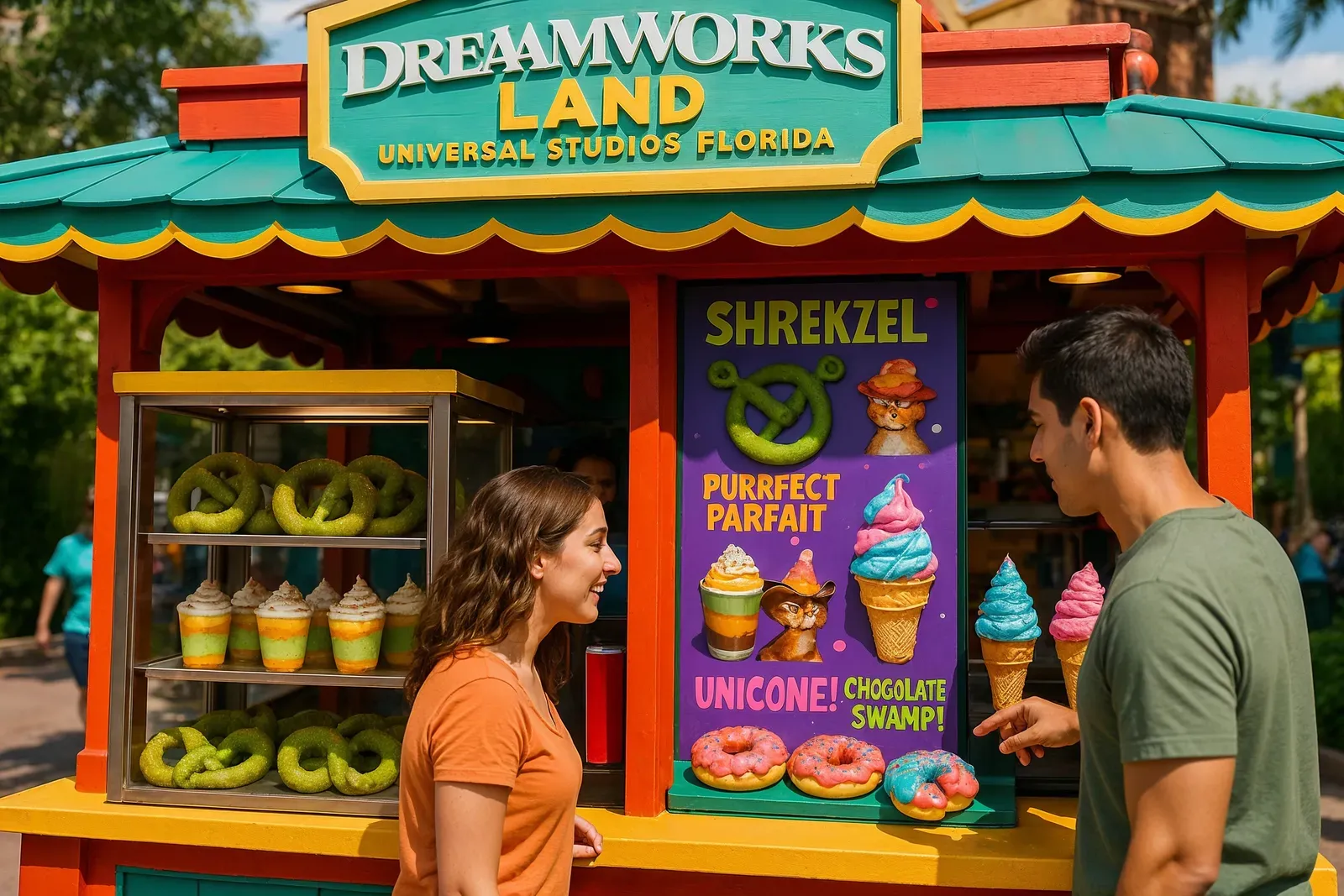 Guests selecting themed treats at DreamWorks Land food stall during Universal Studios DreamWorks Land opening date