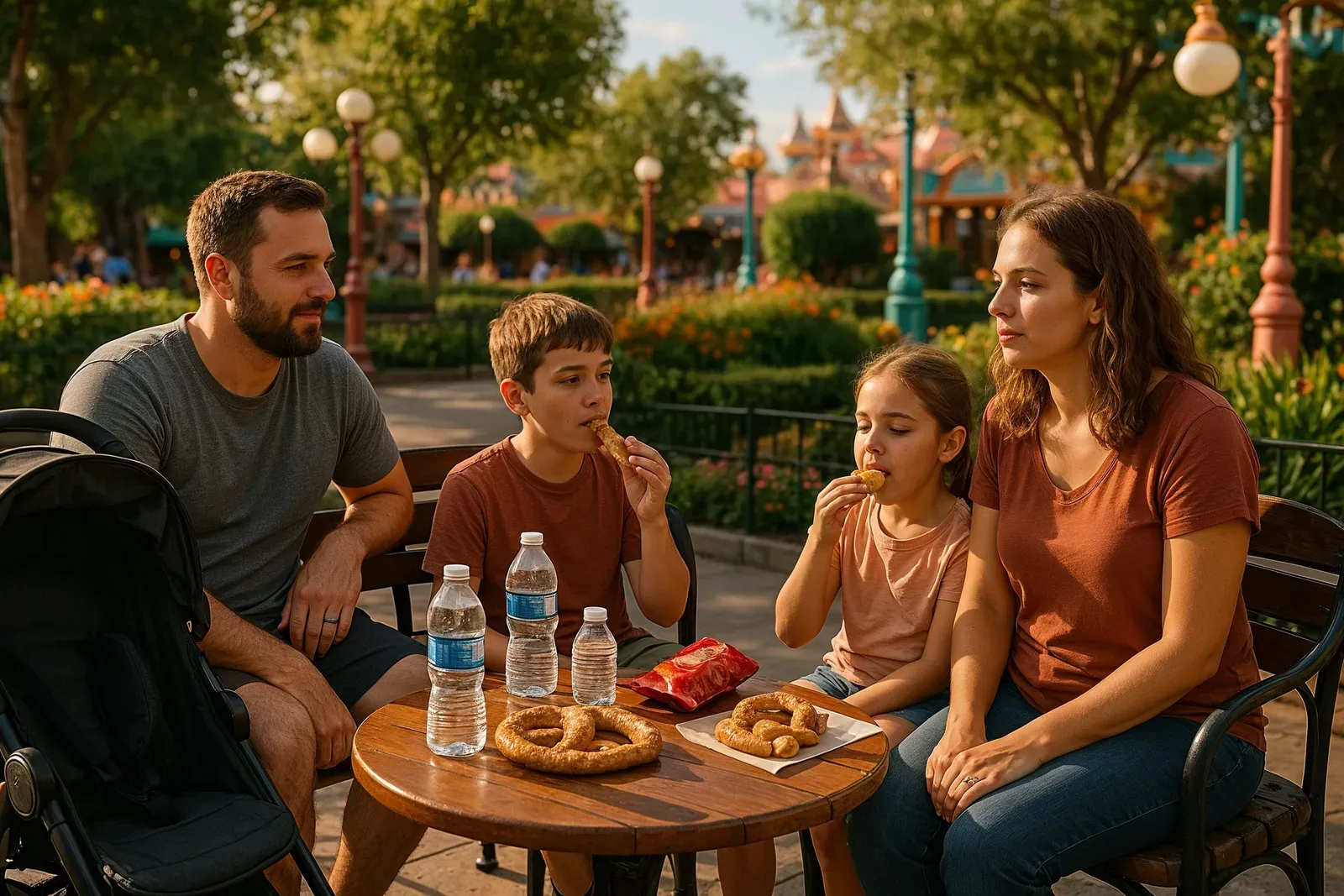 disneyland first timer tips family taking a break in park seating area