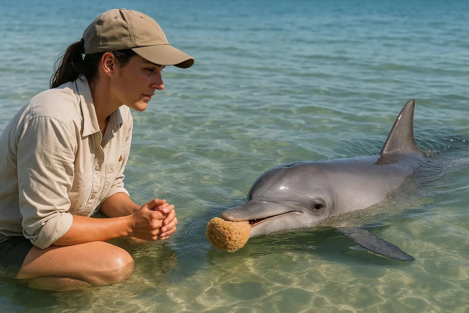 A researcher observing a dolphin using a tool, symbolizing cultural transmission and influences behind animal kingdom behaviors