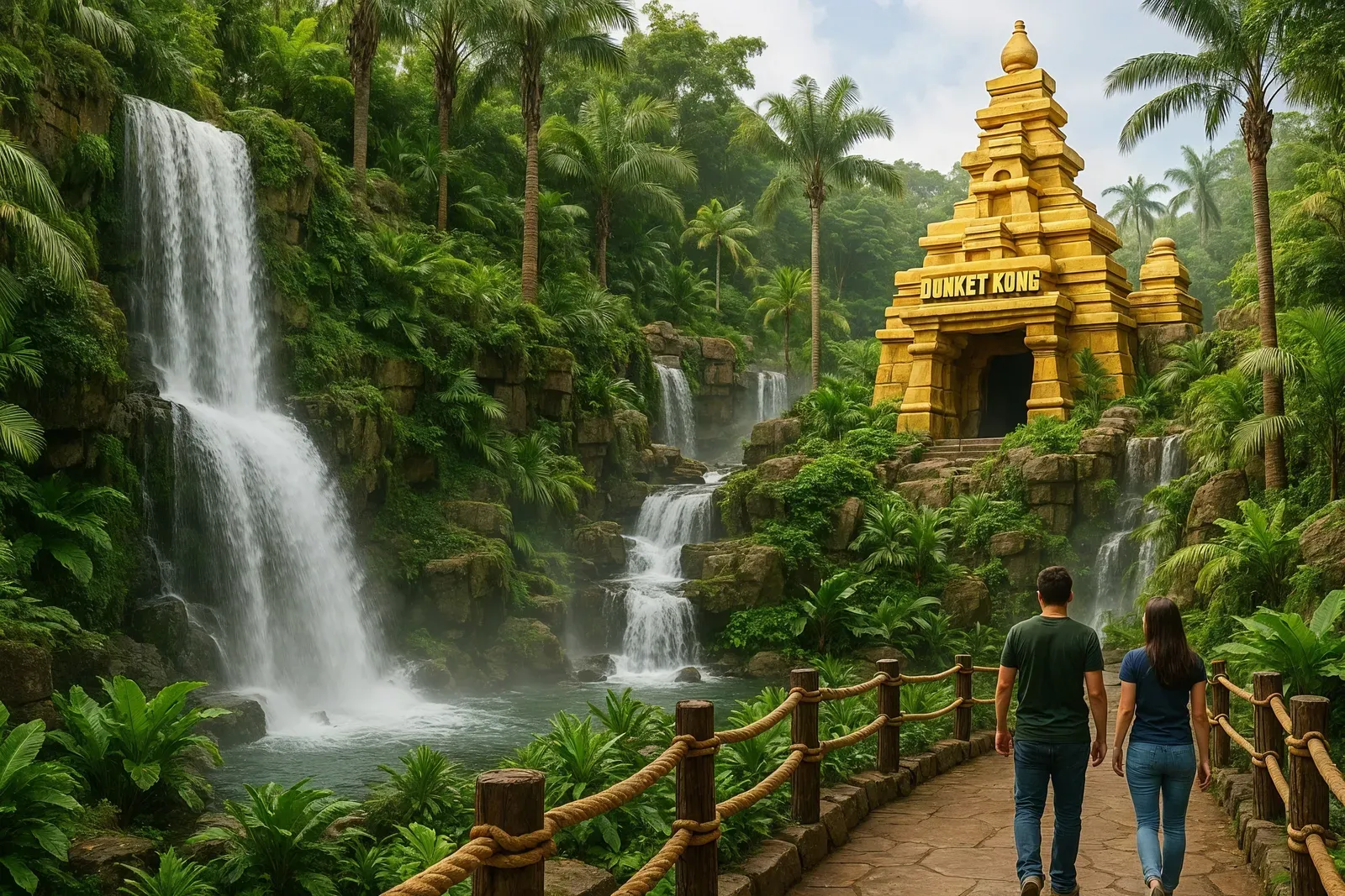 Lush Donkey Kong Country jungle with waterfalls and Golden Temple at Epic Universe Mario Land grand opening details