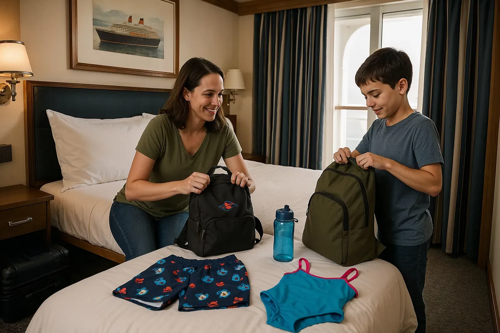 Family unpacking day bags and utilizing storage in Disney cruise stateroom, lessons learned from our first disney cruise
