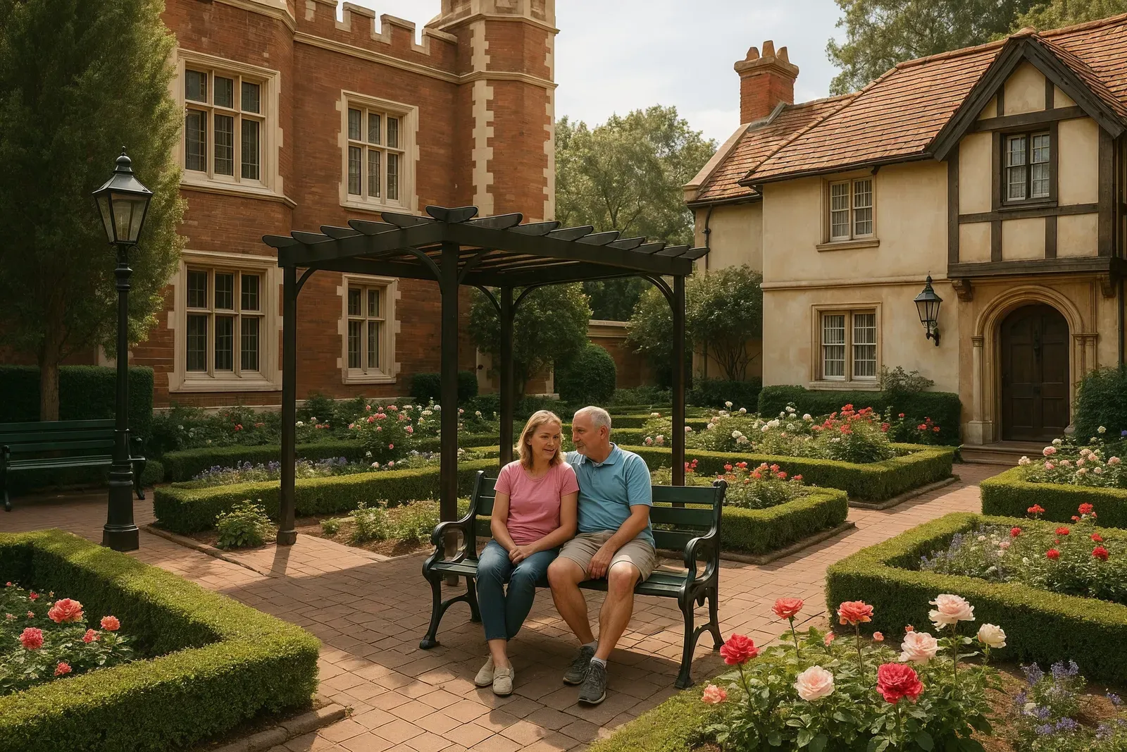 Peaceful UK pavilion gardens with visitors resting during disney world epcot world showcase walking tour