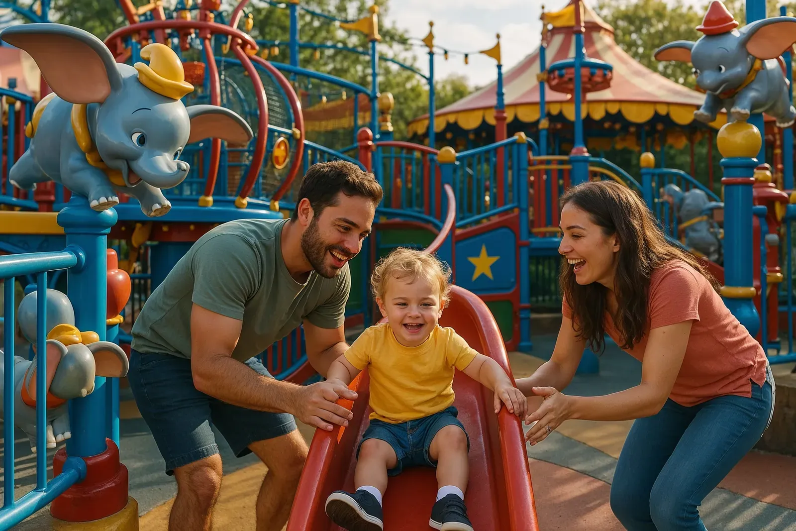 best disney world park for toddlers guide - toddler and parent playing at Magic Kingdom Dumbo Play Area