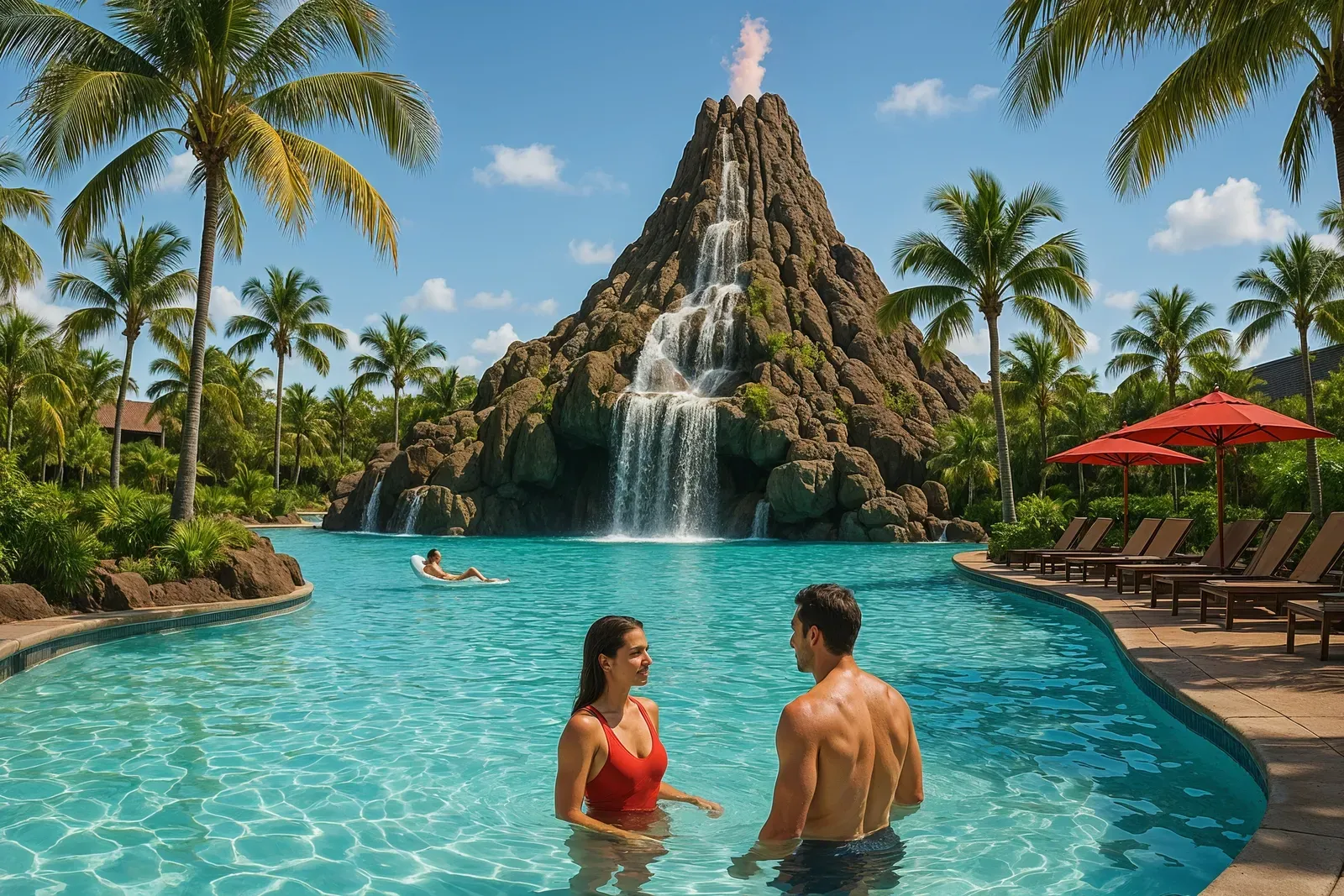 polynesian village resort disney world review volcano pool area with tropical landscaping