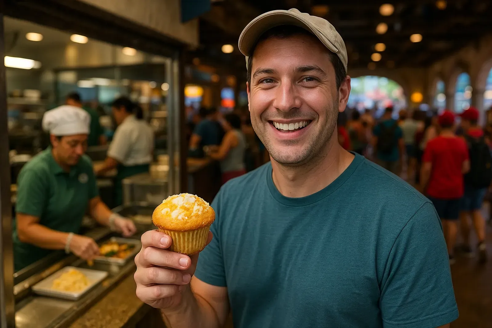 A person enjoying a gluten free muffin in front of a Disneyland quick-service counter displaying allergy-friendly snacks