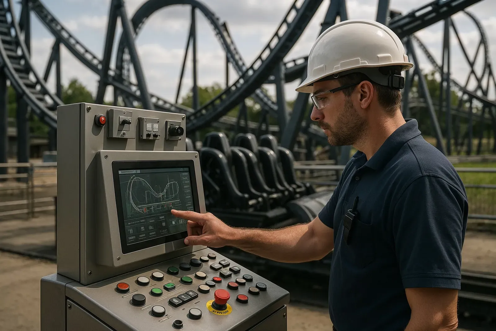 Theme park technician using smart ride control panel showing how technology is changing theme park experiences