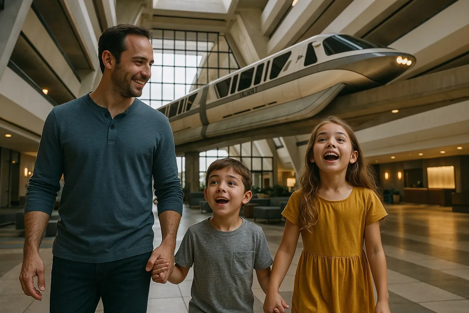 Family in Contemporary Resort lobby with monorail overhead, disney’s contemporary resort review with kids