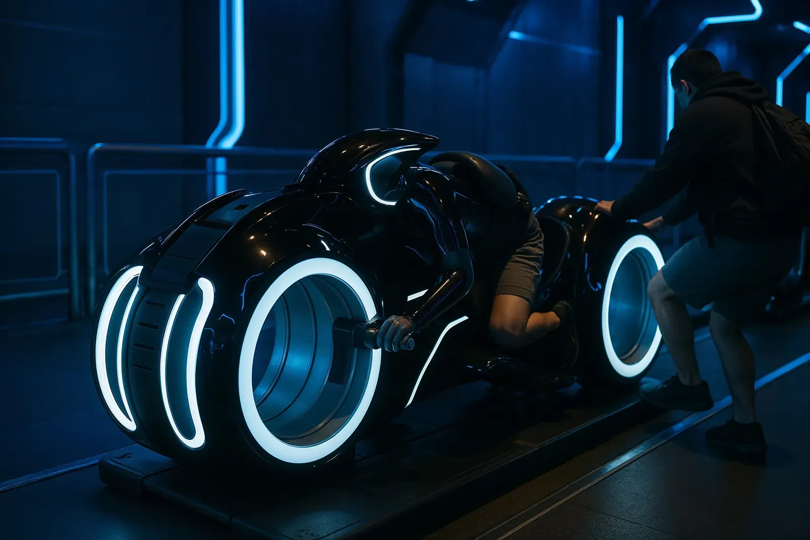 TRON Lightcycle ride vehicle in loading station at Magic Kingdom with rider preparing to board