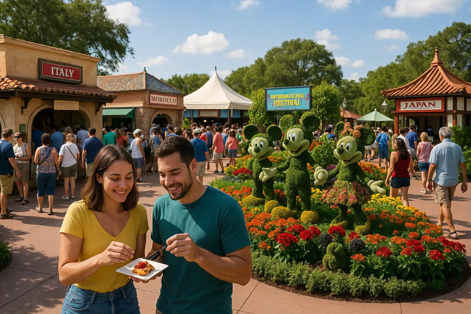 Festival celebration at EPCOT World Showcase with guests enjoying international food and gardens reflecting the history of its countries