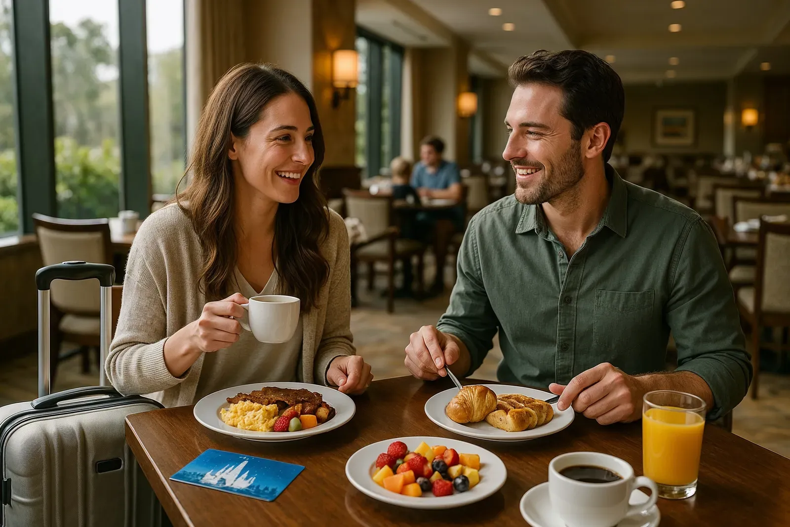 Couple enjoying hotel breakfast while preparing for cheapest Disney vacation packages with rewards points