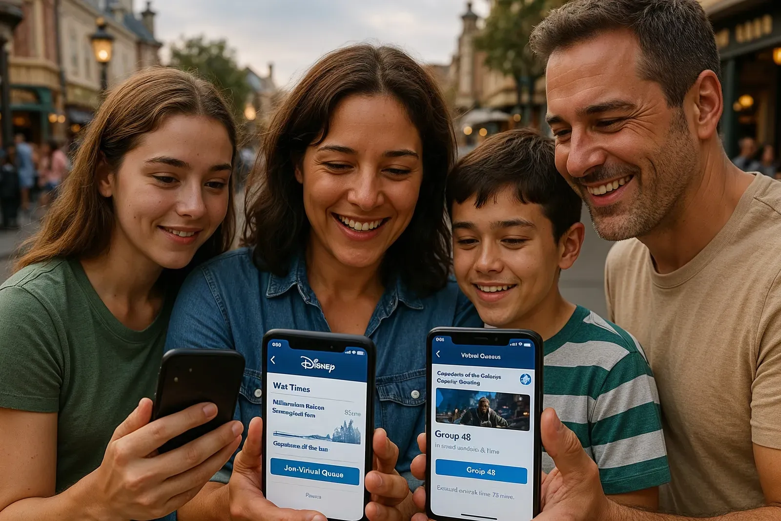 Family using AI-powered Disney mobile applications for personalized and immersive theme park experiences