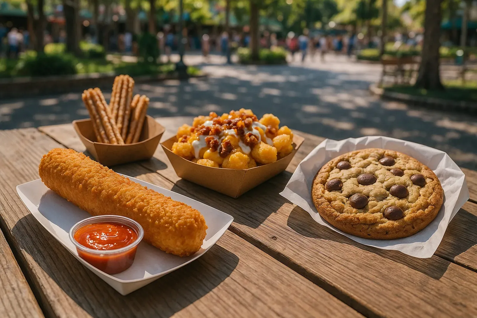 An assortment of top Disney snacks chosen by readers, displayed on a picnic table for sharing