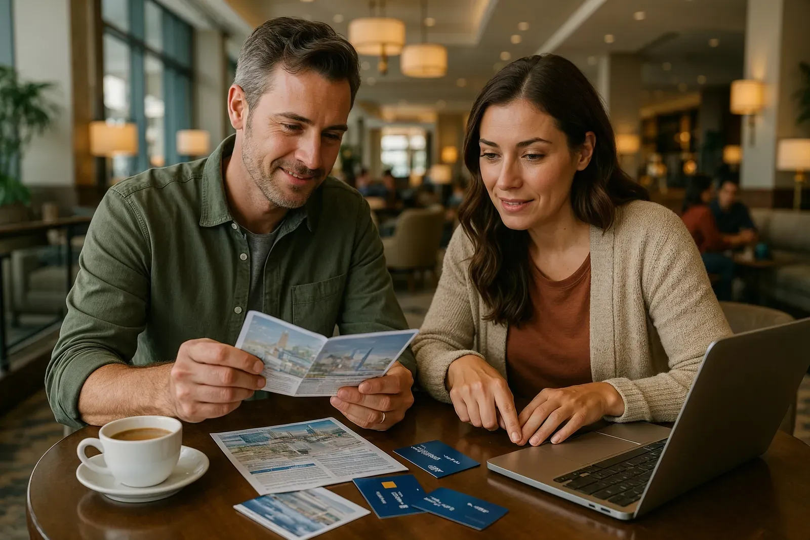 Couple planning Disney hotel stay with points in a hotel lobby, showing how to use points for Disney hotel stays