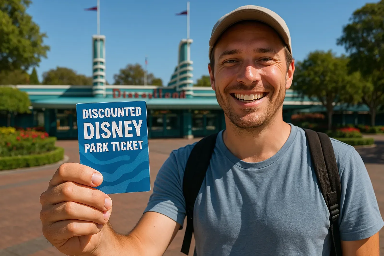 happy guest with discounted disney tickets at park entrance